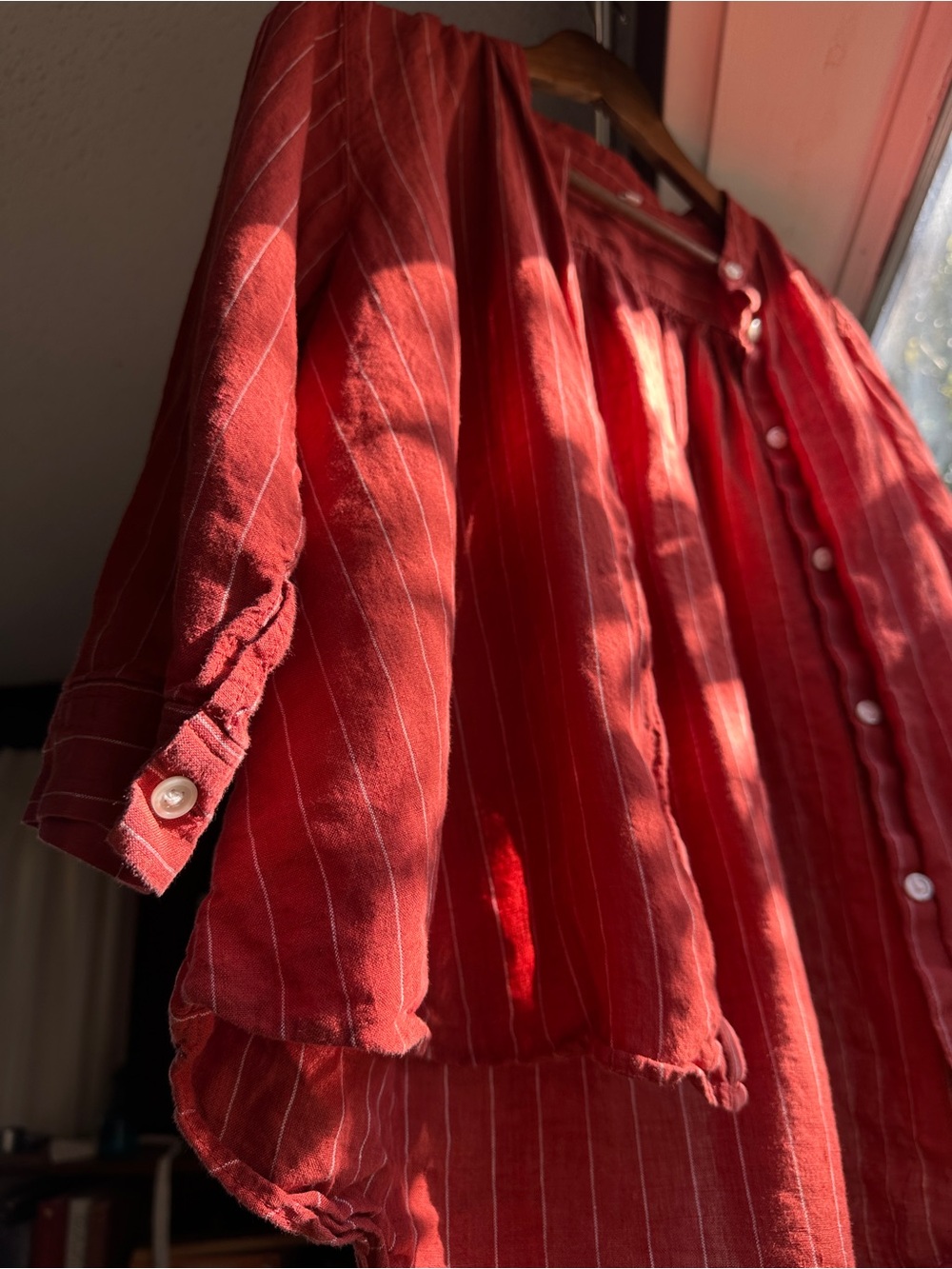 100% Linen Rust Red Fall Artsy Button Up Peasant Blouse